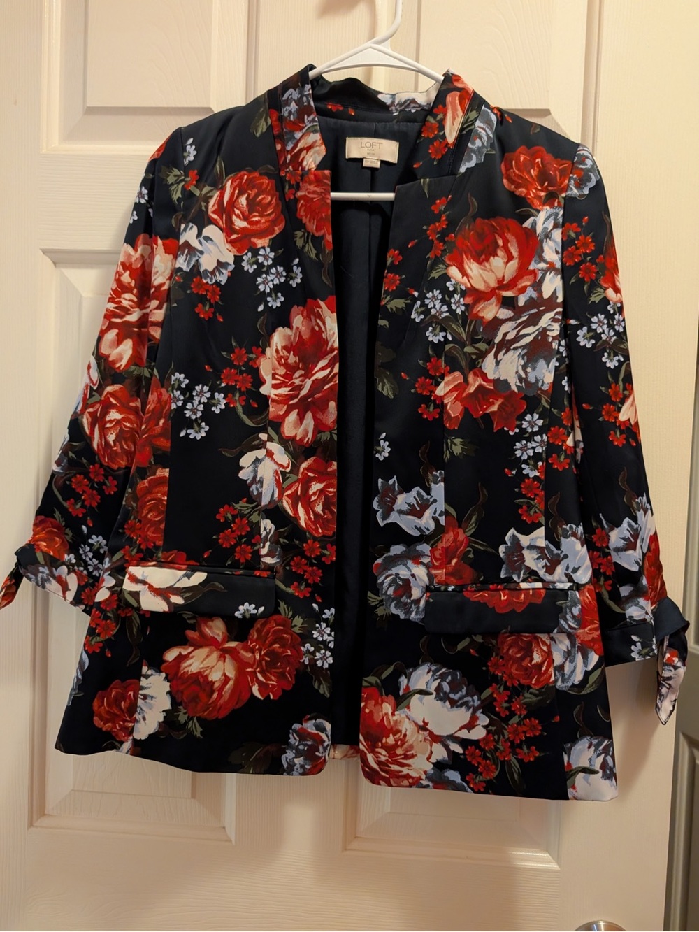 LOFT Navy Blazer Jacket with Red Floral Print